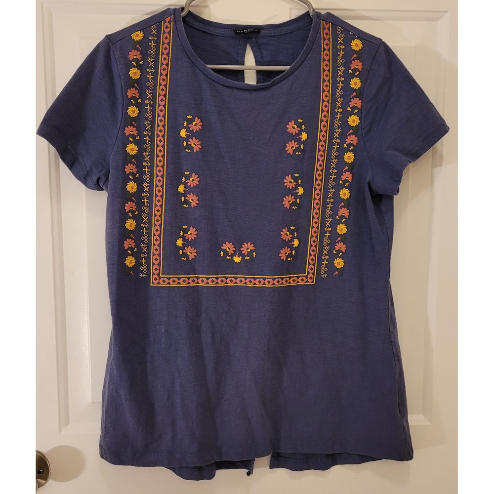 Hannah Blue Embroidered Floral Tunic Top Size Large Short Sleeve